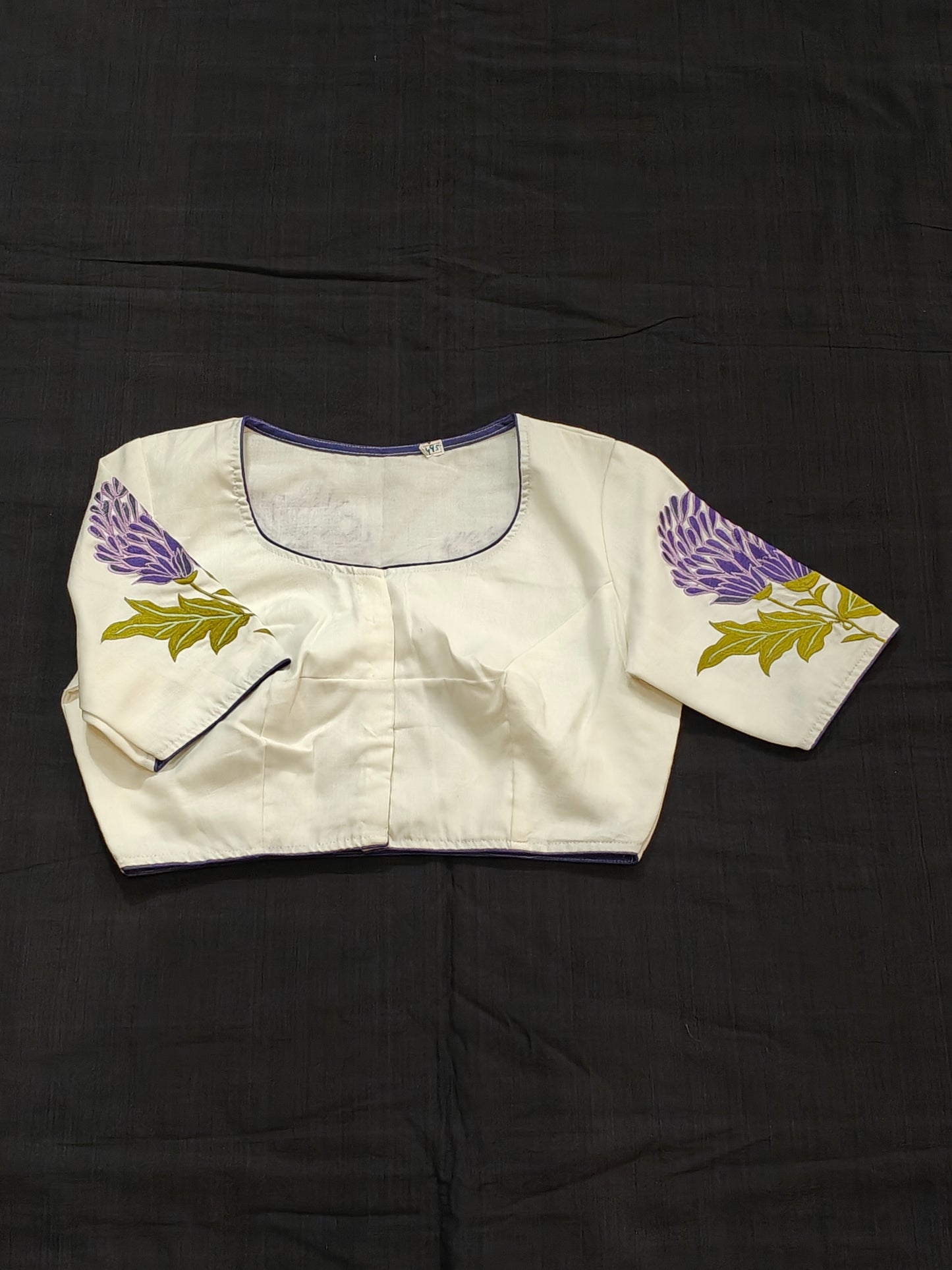 White elbow sleeved blouse with purple flowers embroidered back and sleeves - front open
