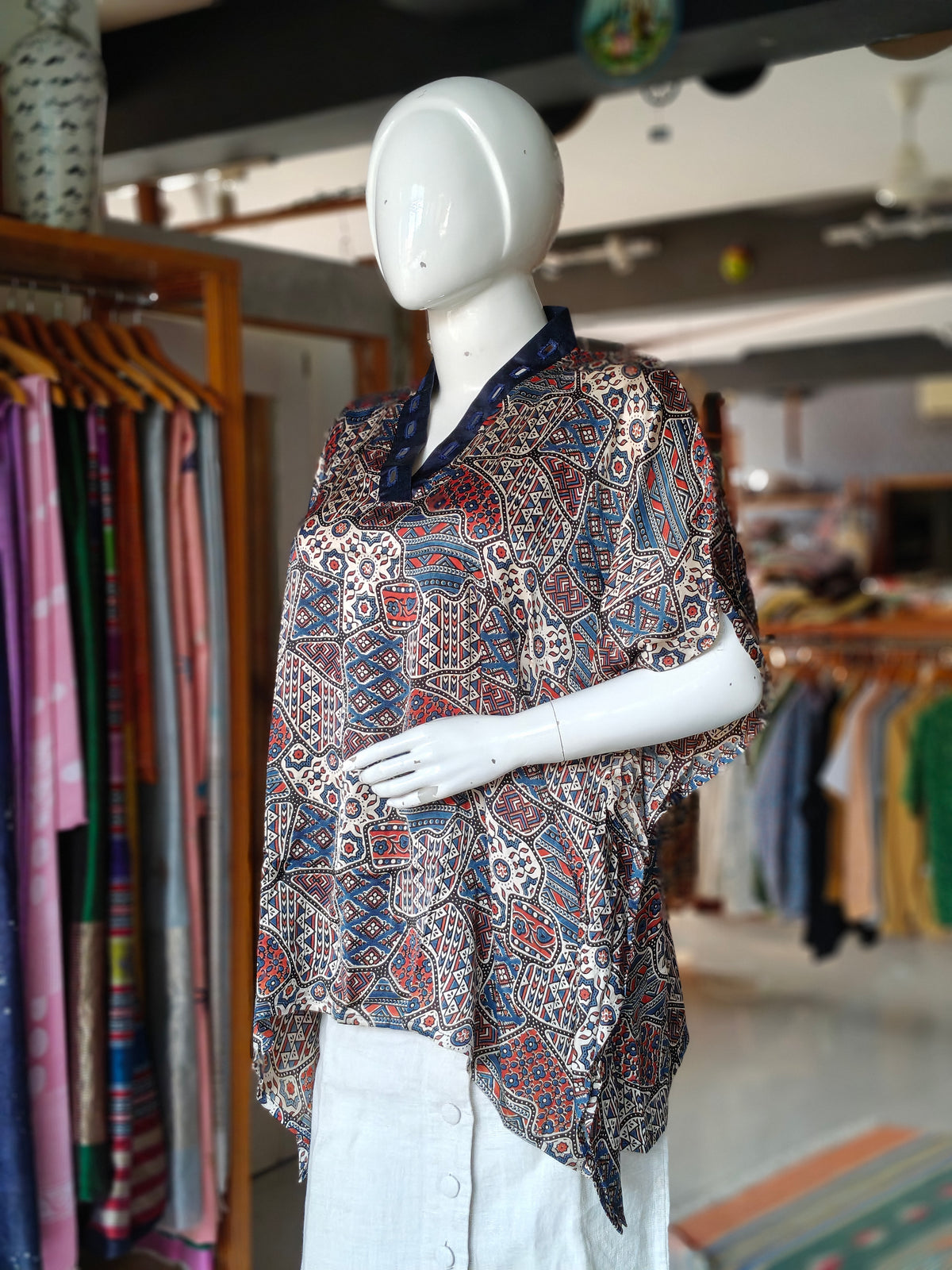 Modal silk kaftan hand block printed top featuring V-neck with mirror embroidery - color options available