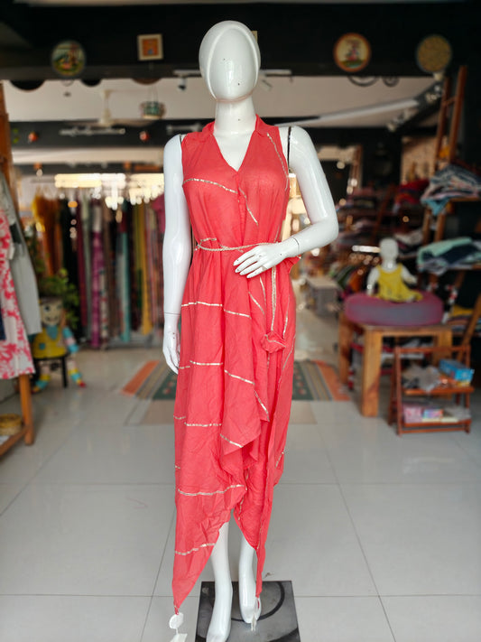 Peach cotton gota sleeveless dress with belt