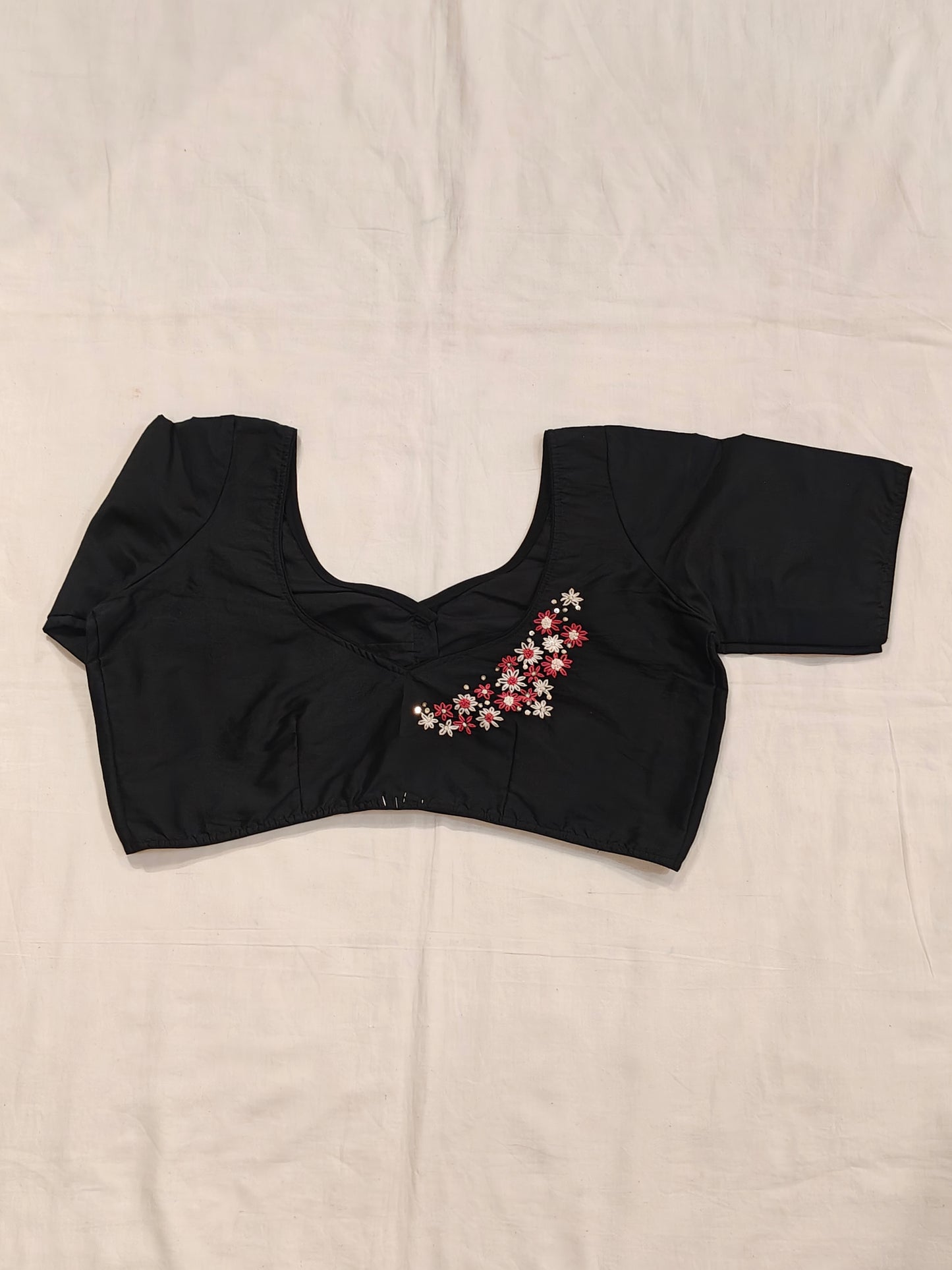Floral Hand embroidery on black silk blouse