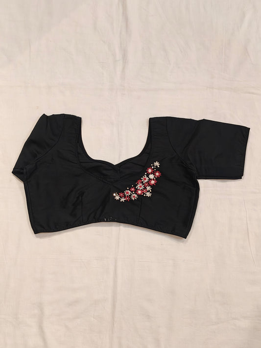 Floral Hand embroidery on black silk blouse