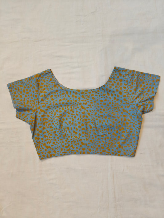 Pastel blue with yellow hand block prints cotton short sleeves blouse