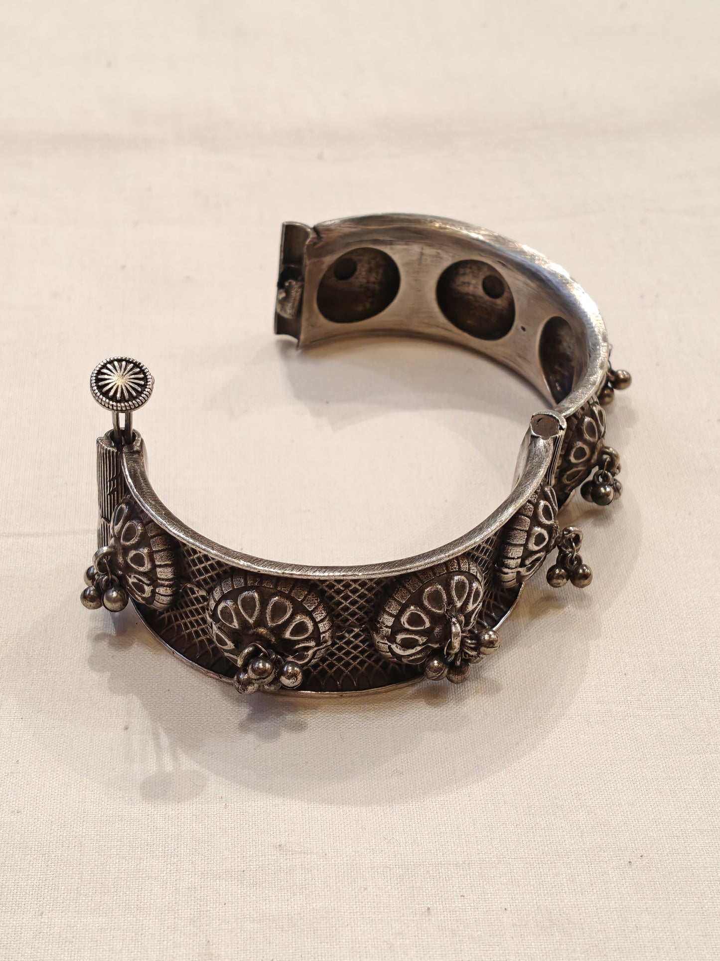 Silver oxidised look openable bangle kada with ghungroo
