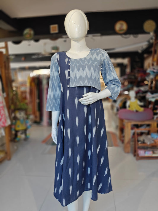Navy blue and grey ikat jacket style cotton dress