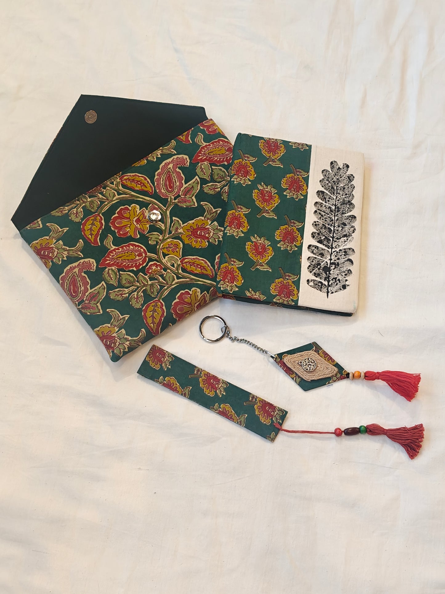 Handmade paper notebook with eco leaf printed fabric cover, hand crafted bookmark, key ring / charm and a container pouch - 4 piece gift set