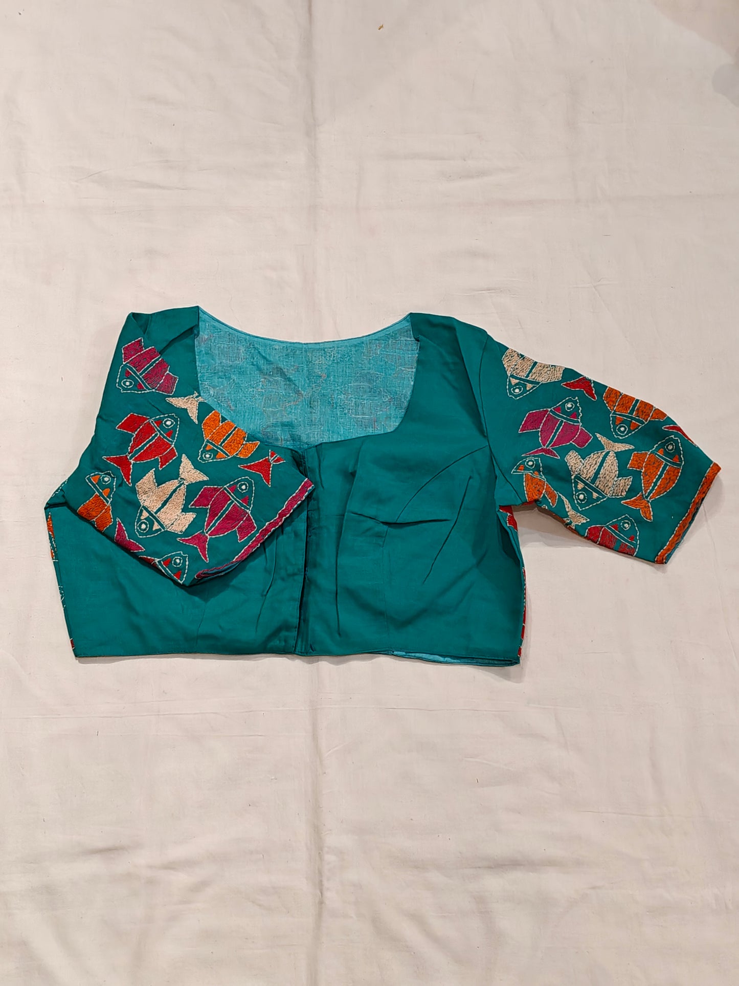 Green with colourful fishes hand embroidered elbow sleeved blouse