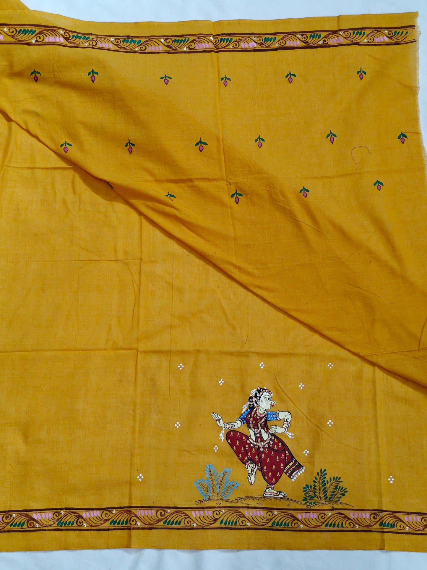 Patachitra hand-painted unstitched blouse piece with back and sleeves design - Handwoven cotton base