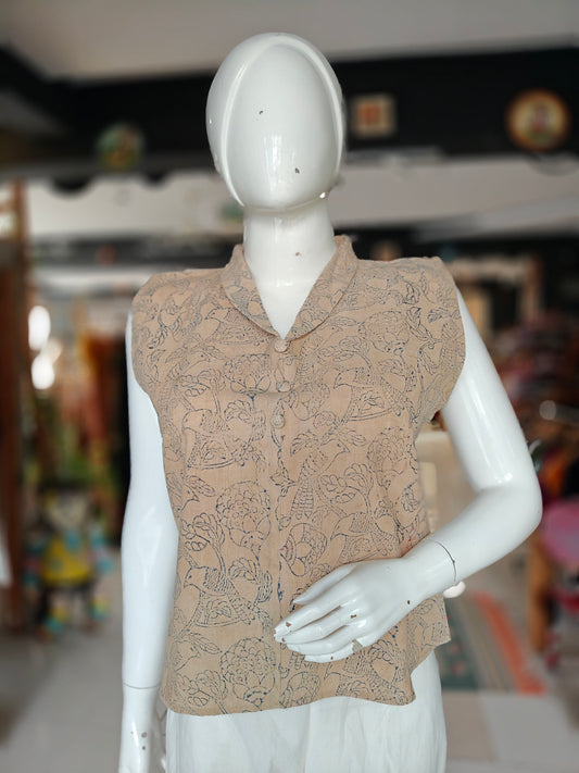 Beige with indigo birds hand block printed collared sleeveless malkha handloom cotton top