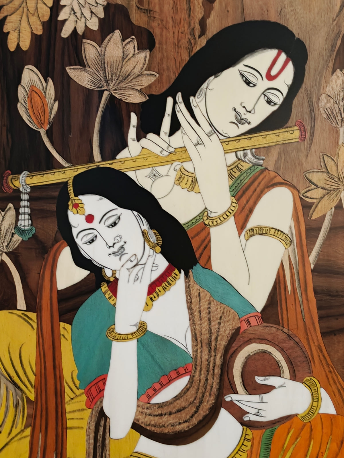 Krishna playing flute alongside Radha - wood inlay work handcrafted wall frame