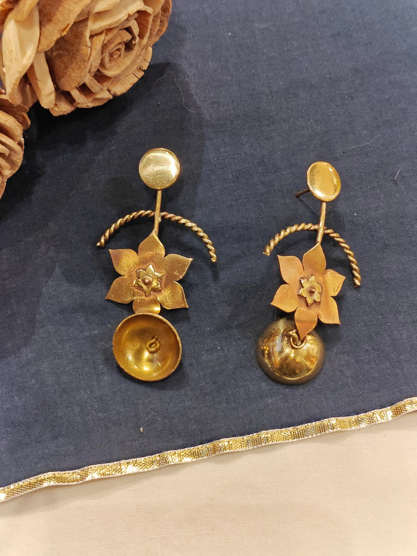 Flower bloom design drop jhumki earrings - handcrafted in copper and brass