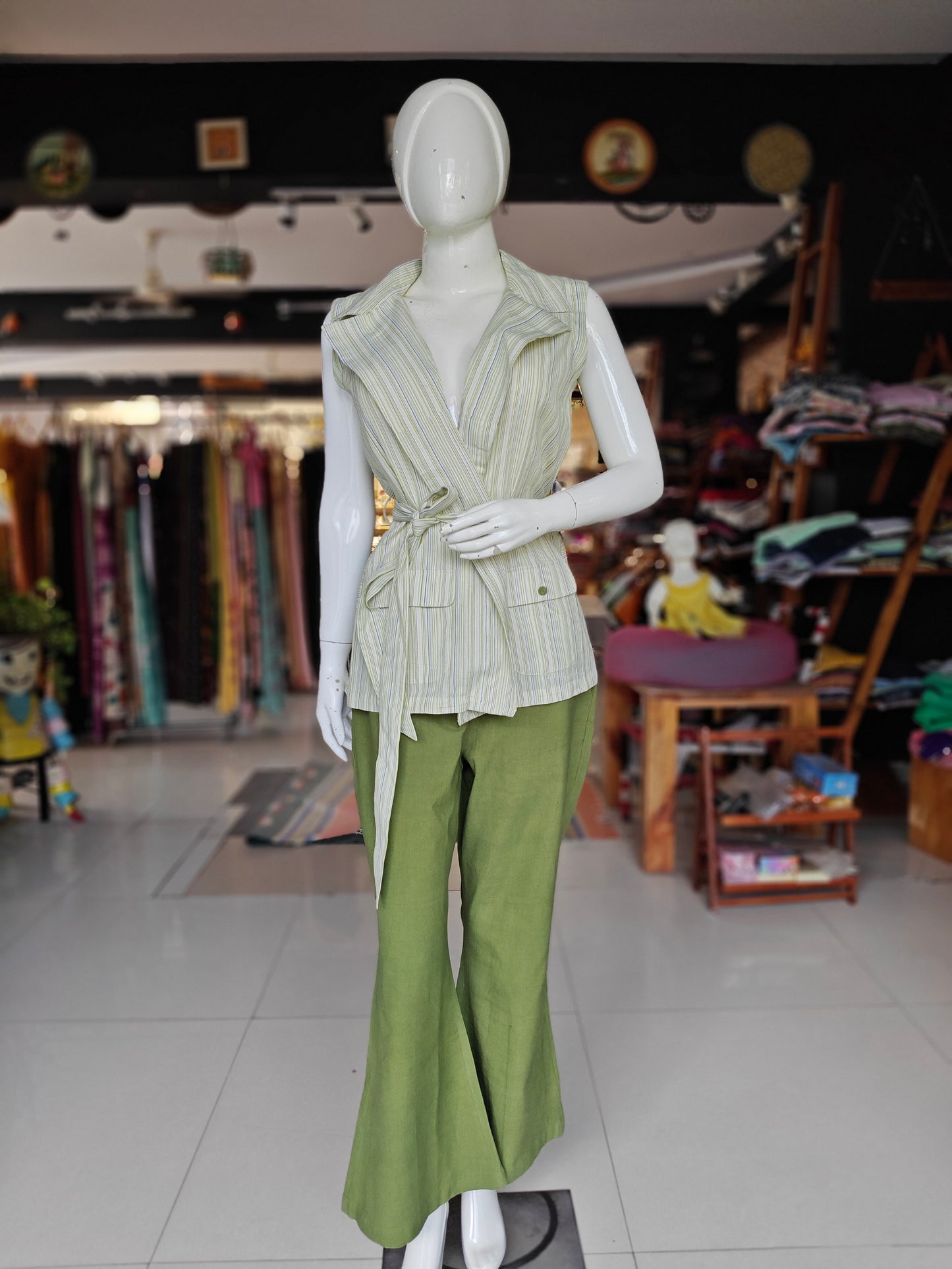 Green, white n blue striped top with plain green pants - handspun, handwoven 2 piece coord set