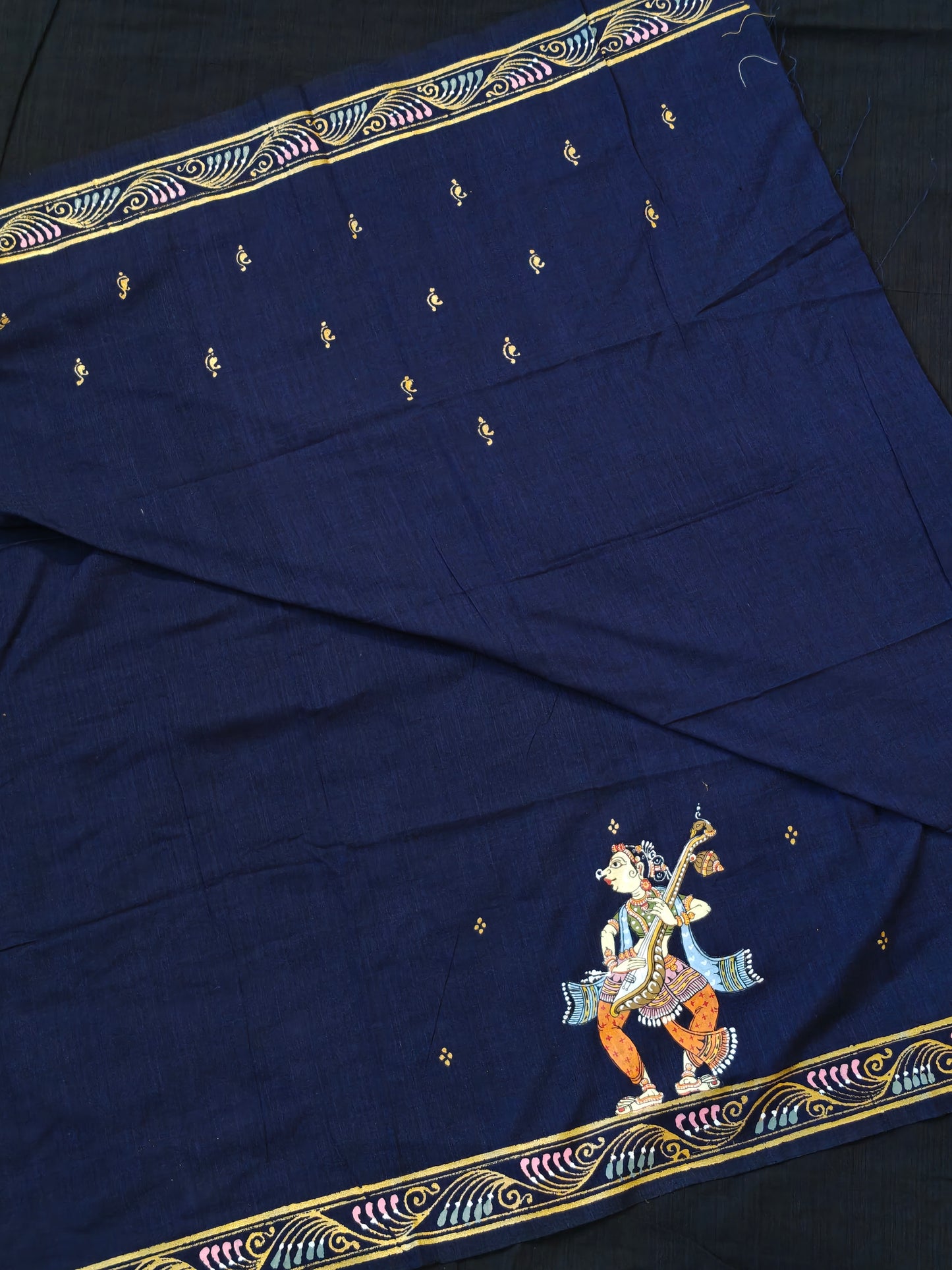 Patachitra hand-painted unstitched blouse piece with back and sleeves design - Handwoven cotton base