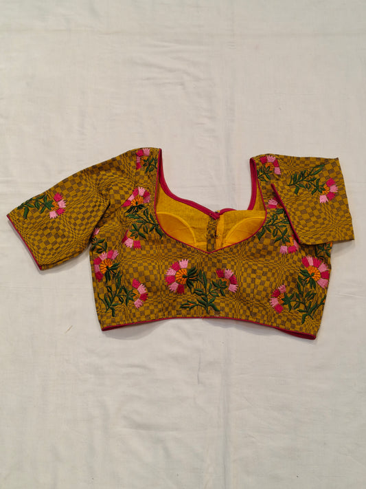 Cotton checkered blouse with floral embroidery, low back - color options available