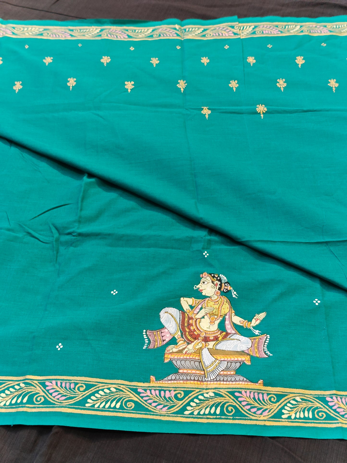 Patachitra hand-painted unstitched blouse piece with back and sleeves design - Handwoven cotton base
