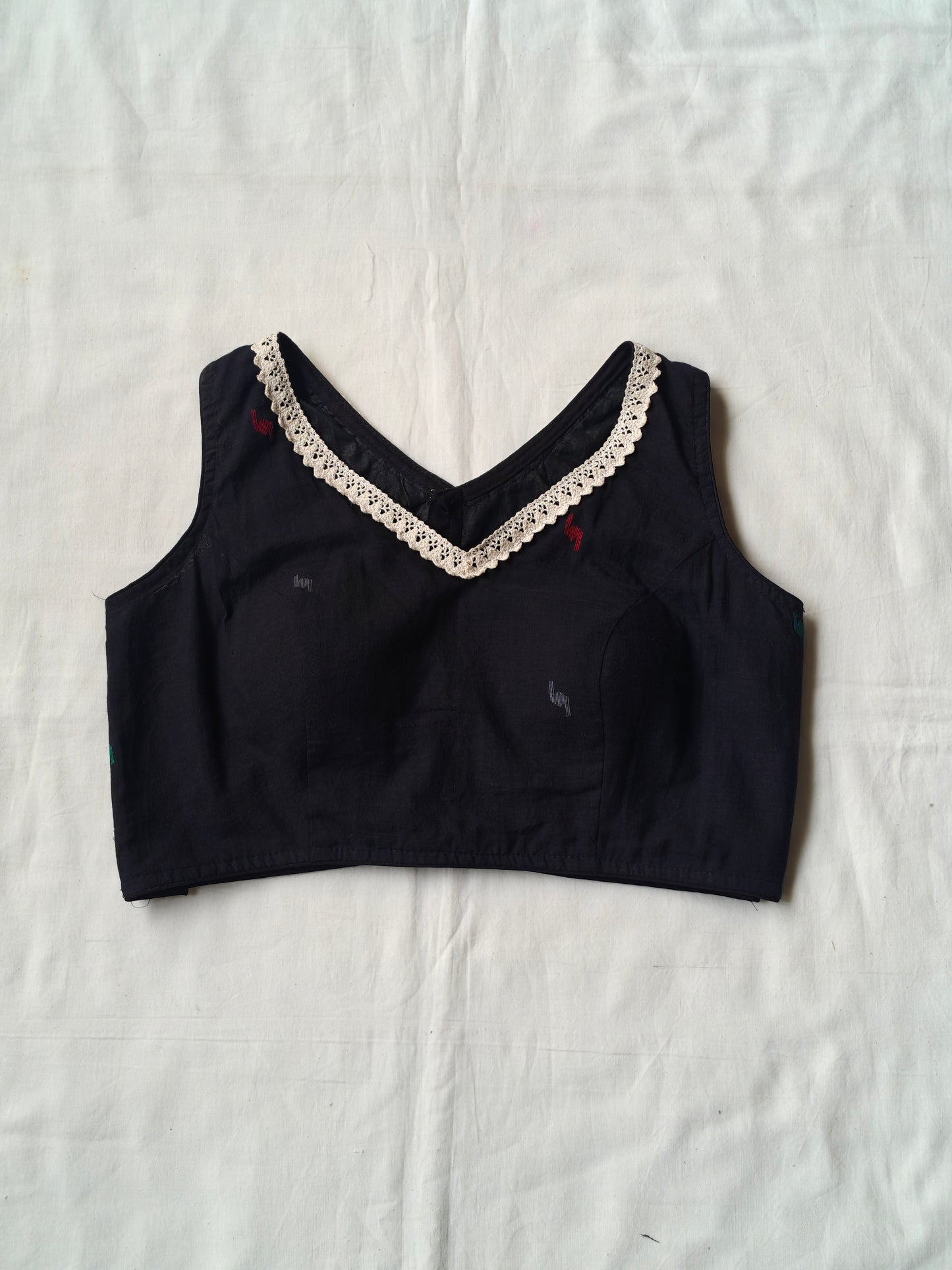 Black jamdani cotton blouse with lace detailing