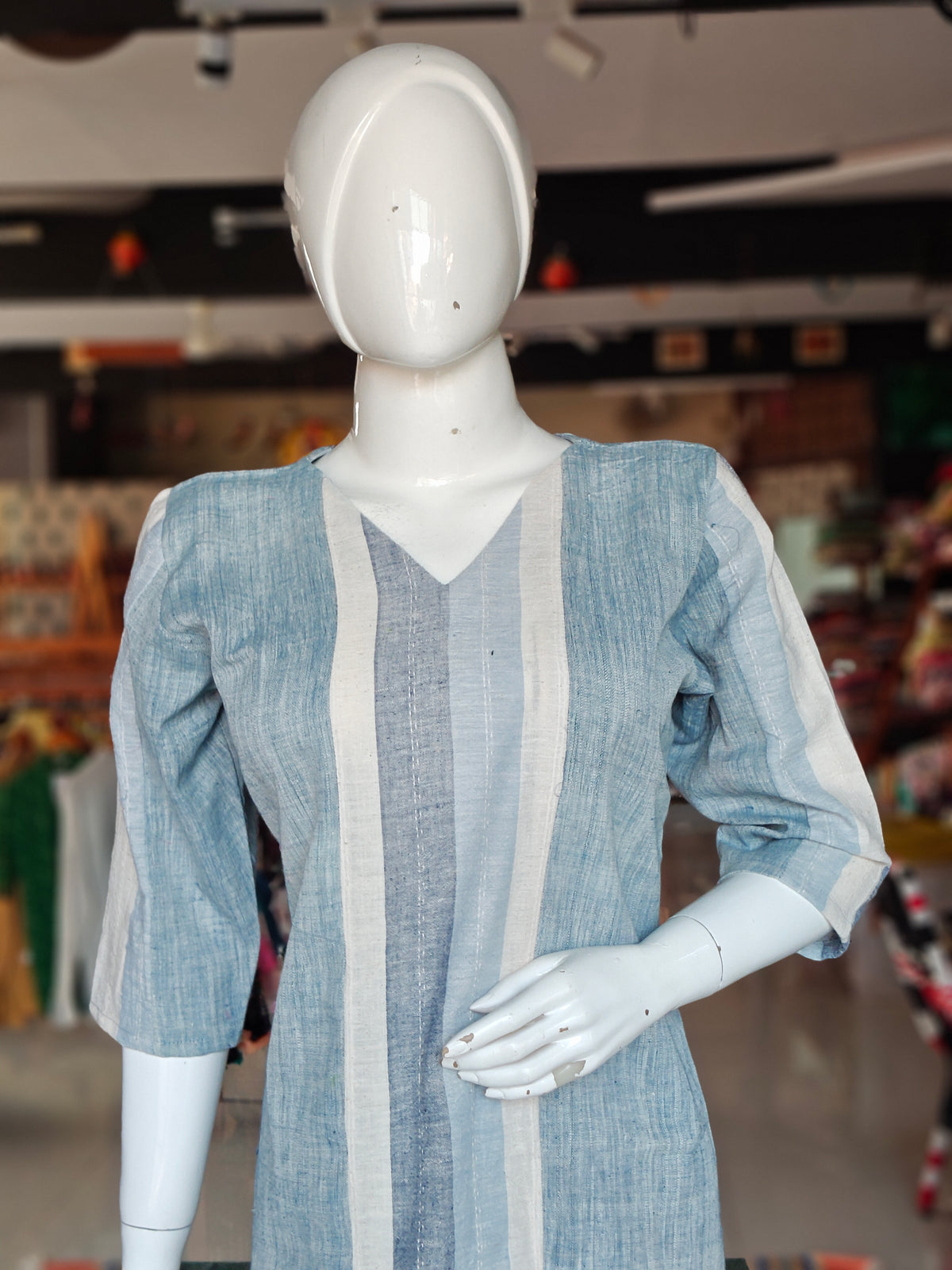 Grey, light blue and off-white striped V-neck cotton dress - hand spun, hand woven, natural dyed dress