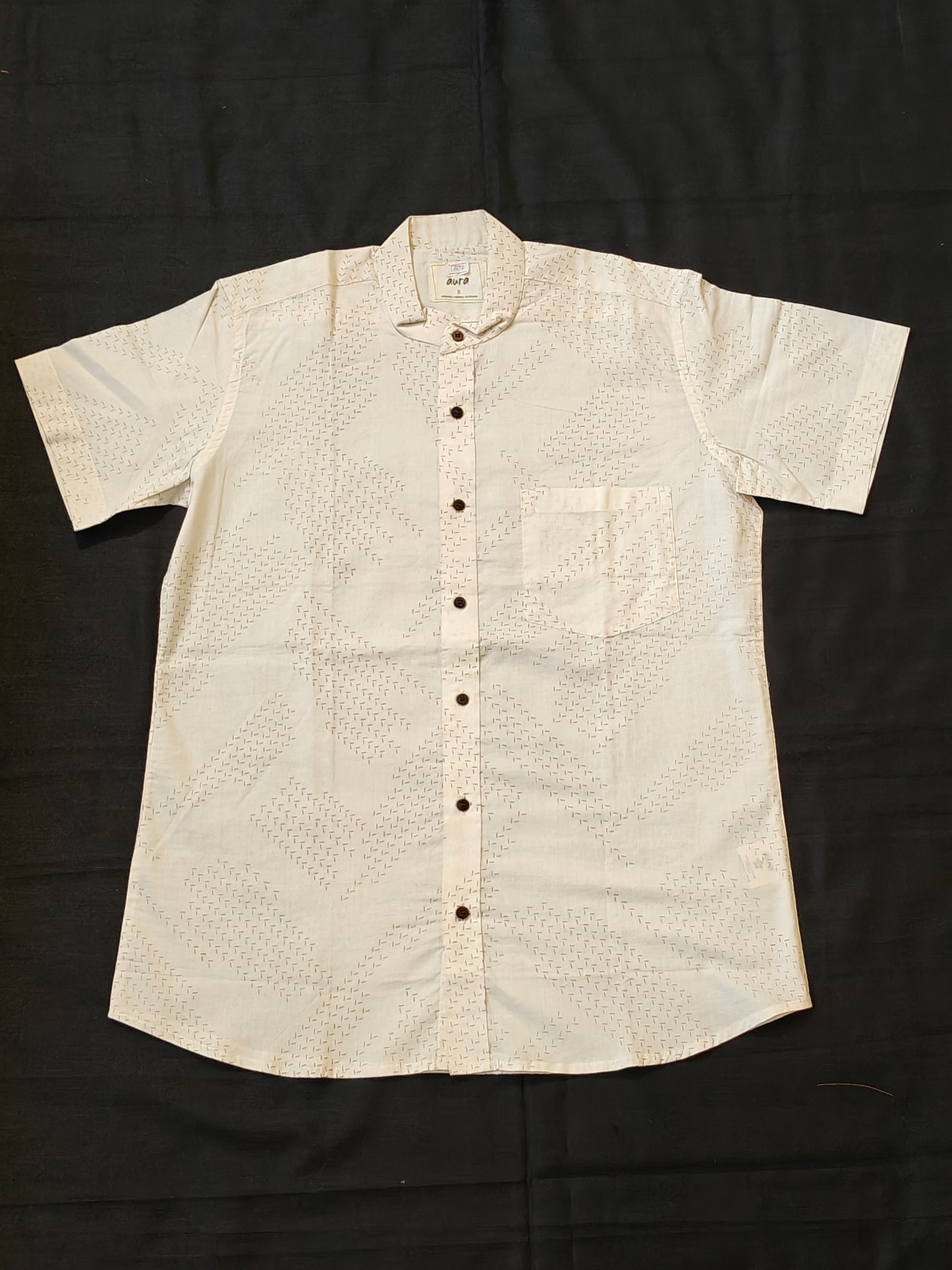 Off white with geometric patterns short sleeved shirt for men - organic cotton