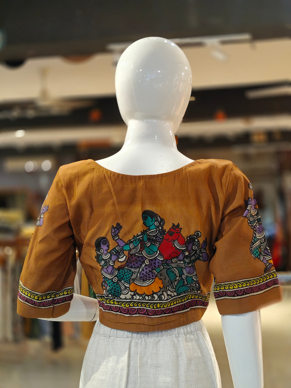Saddle brown sleeves n back hand-painted Pen Kalamkari silk blouse
