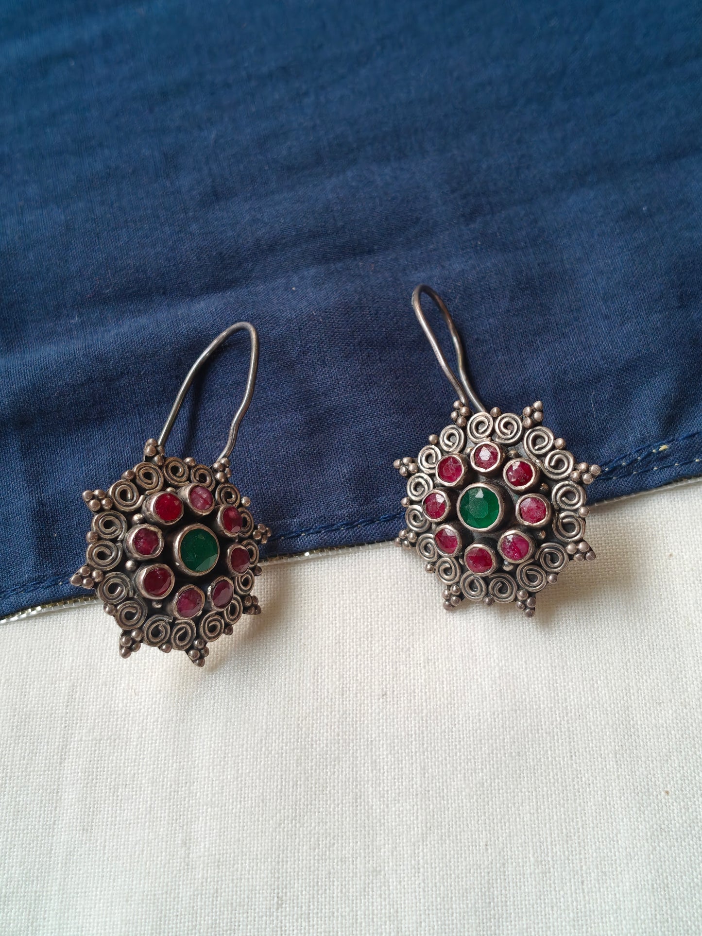 Red and green stones hook earrings in 92.5 sterling silver