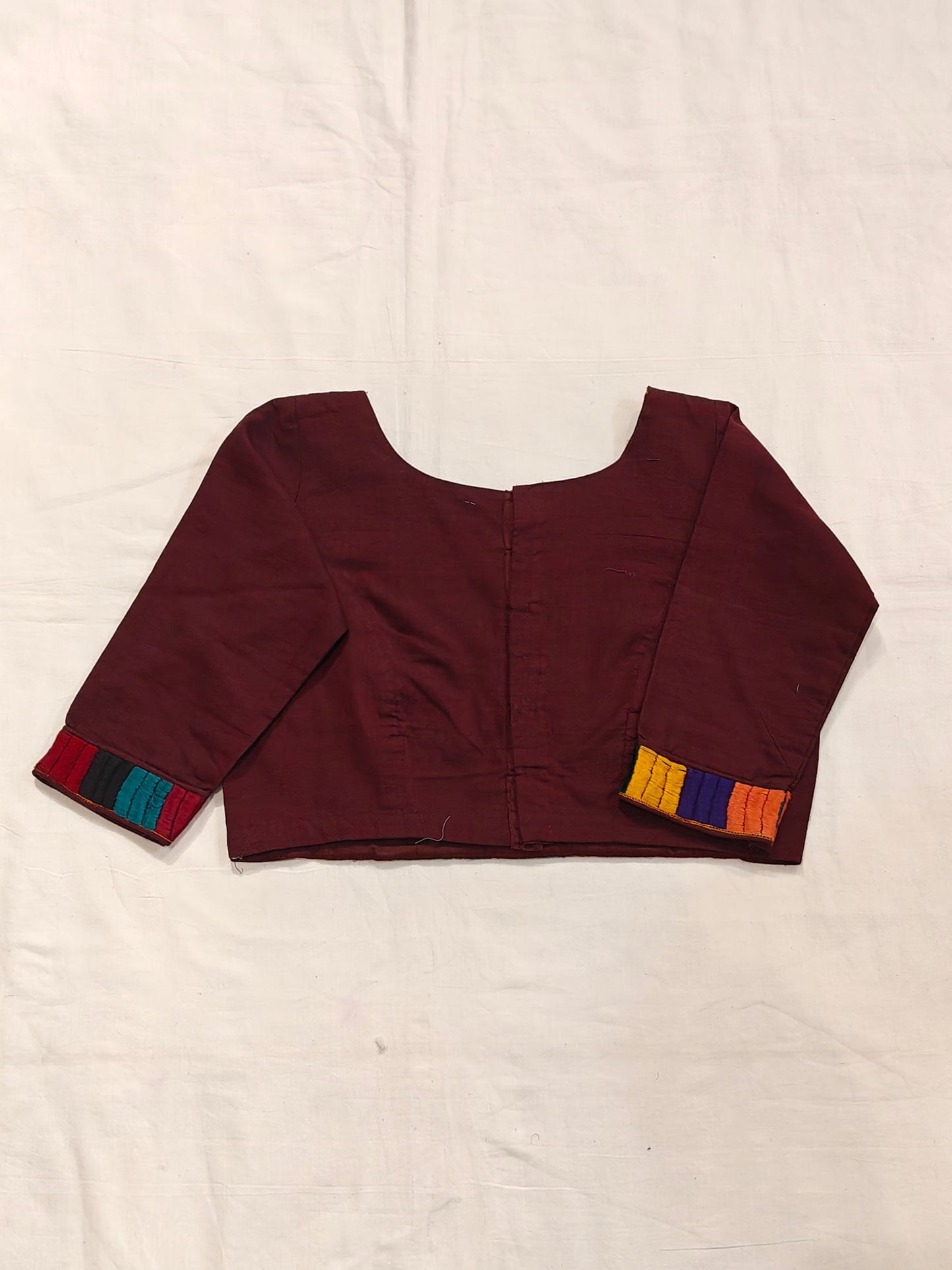 Maroon hand embroidered elbow sleeves cotton blouse
