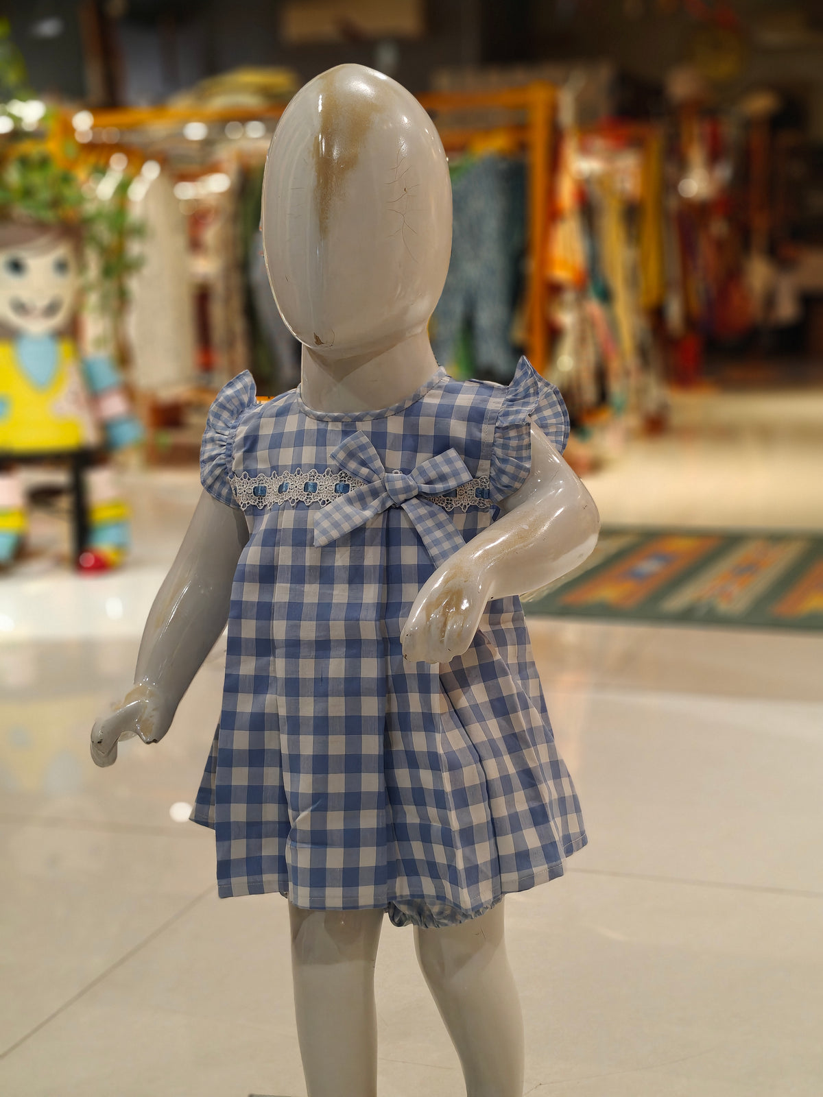 Blue n white checks with bow n lace detailing frock with shorts - 2 piece set