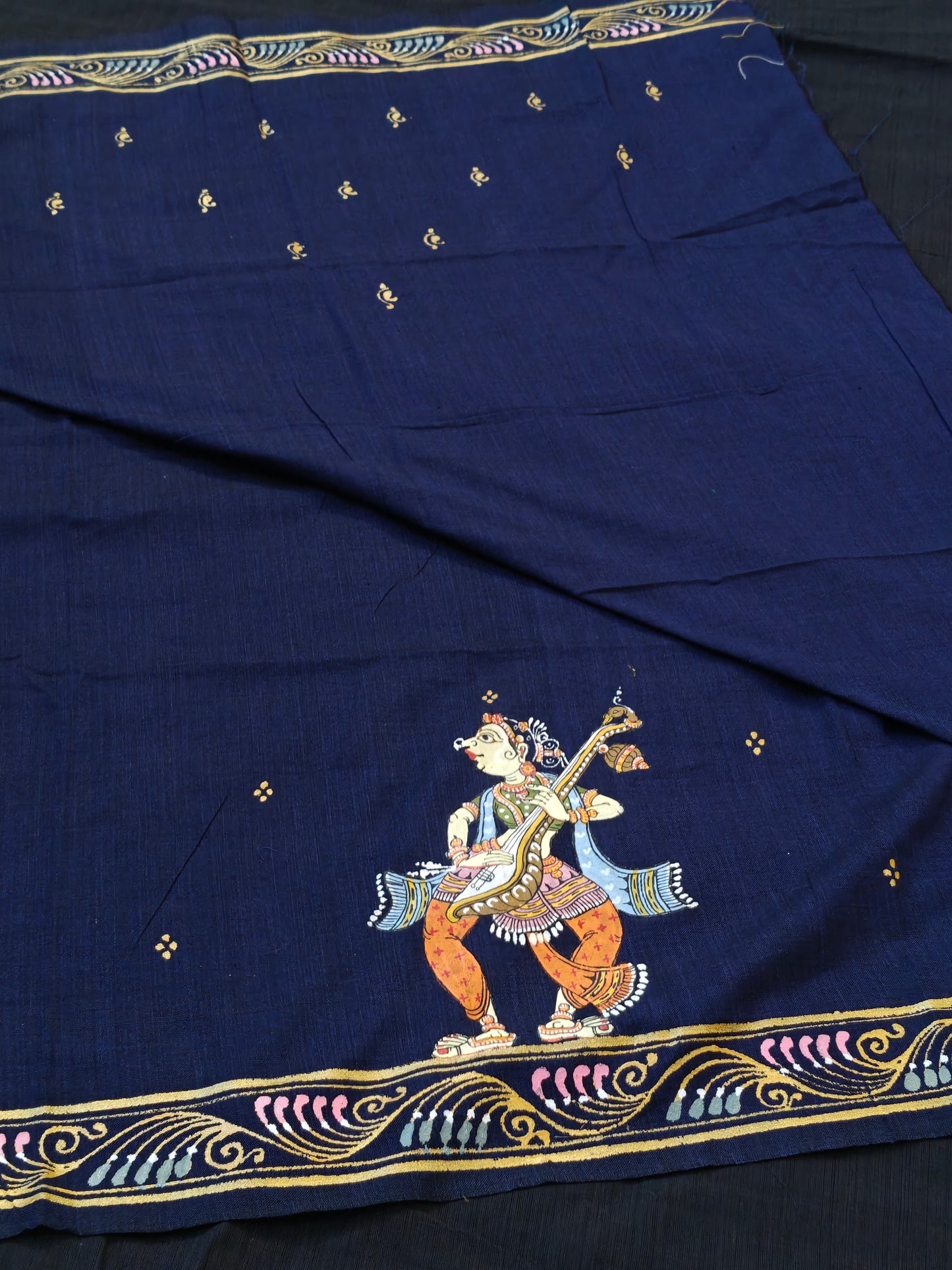 Patachitra hand-painted unstitched blouse piece with back and sleeves design - Handwoven cotton base