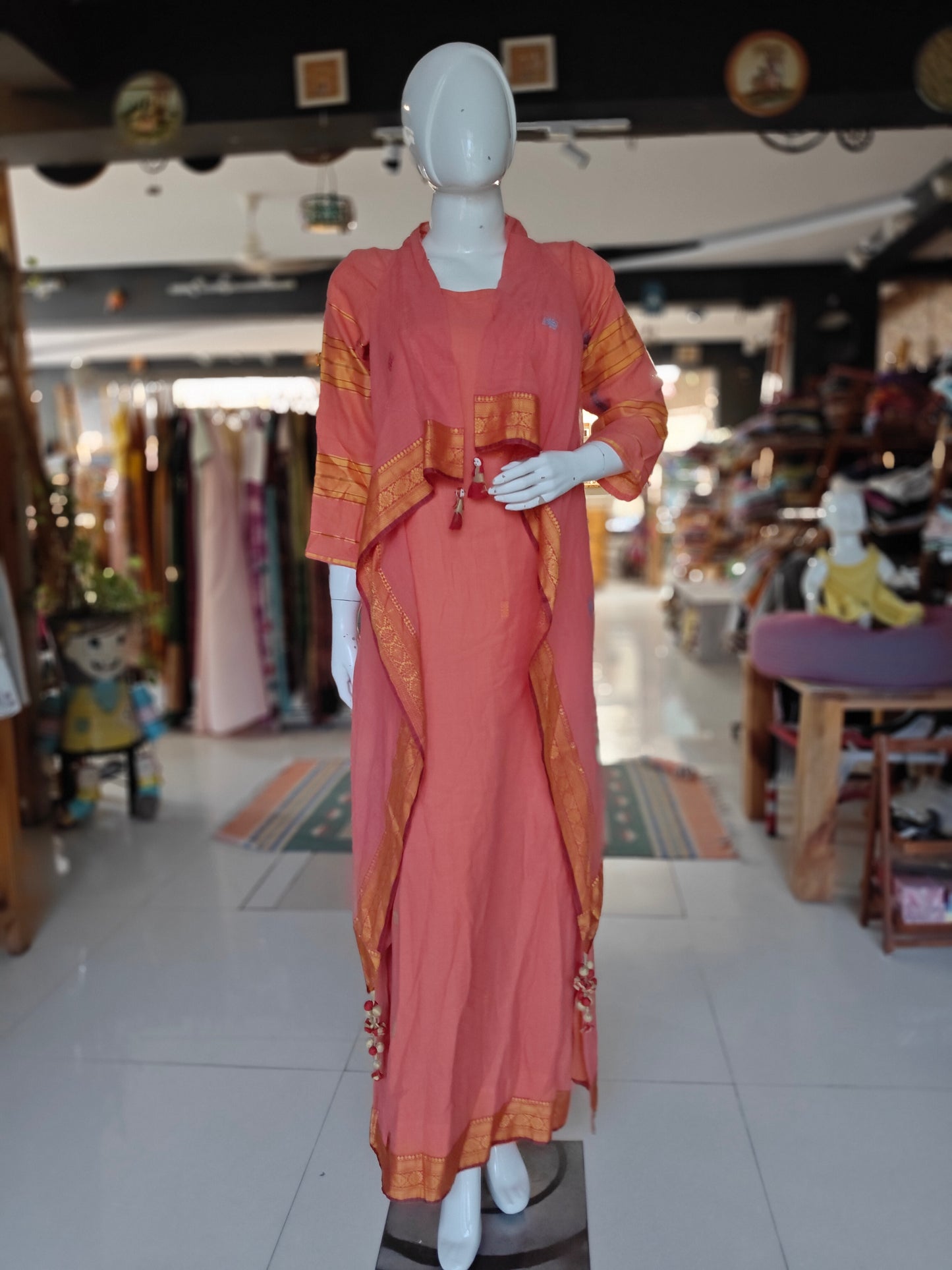 Peach cotton 2 piece dress with zari borders - long dress with jacket