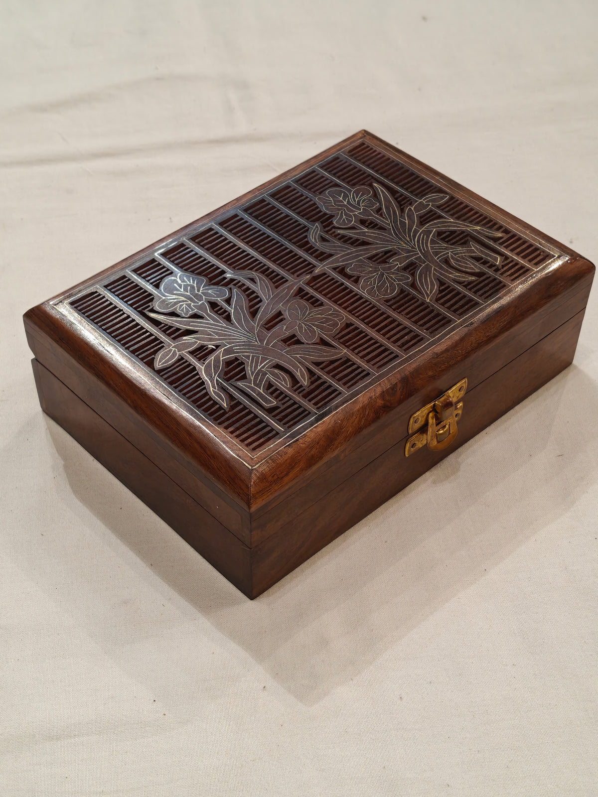 Brass inlay work wooden jewellery box - 7 × 5 × 2 Inches