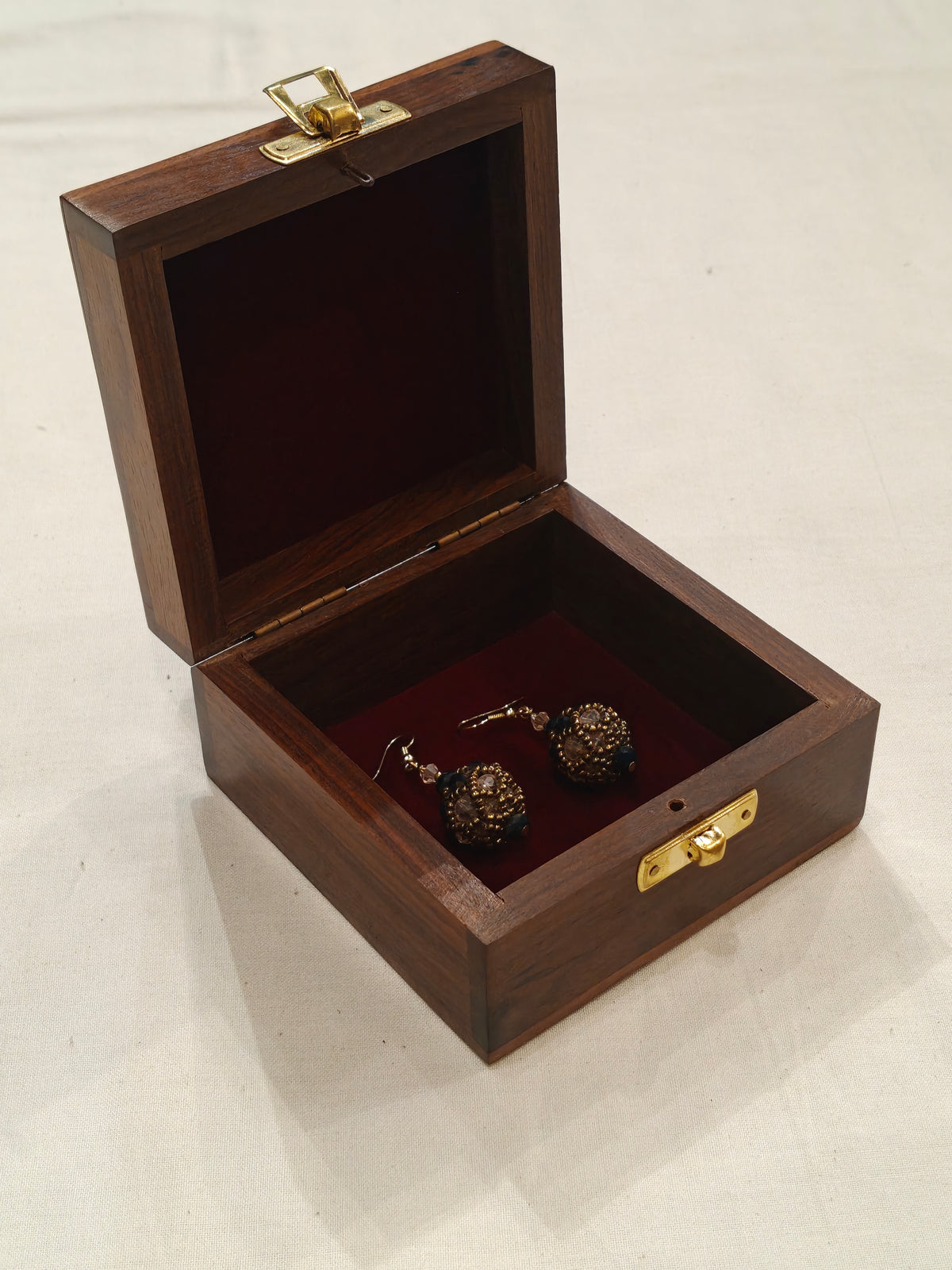 Brass inlay work wooden jewellery box - 4 × 4 × 2 Inches