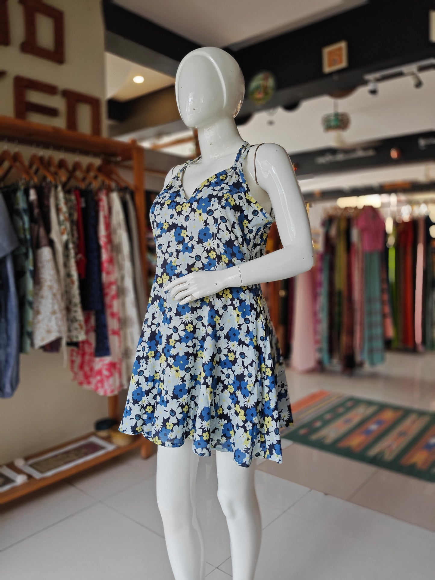Blue and yellow floral printed short georgette dress
