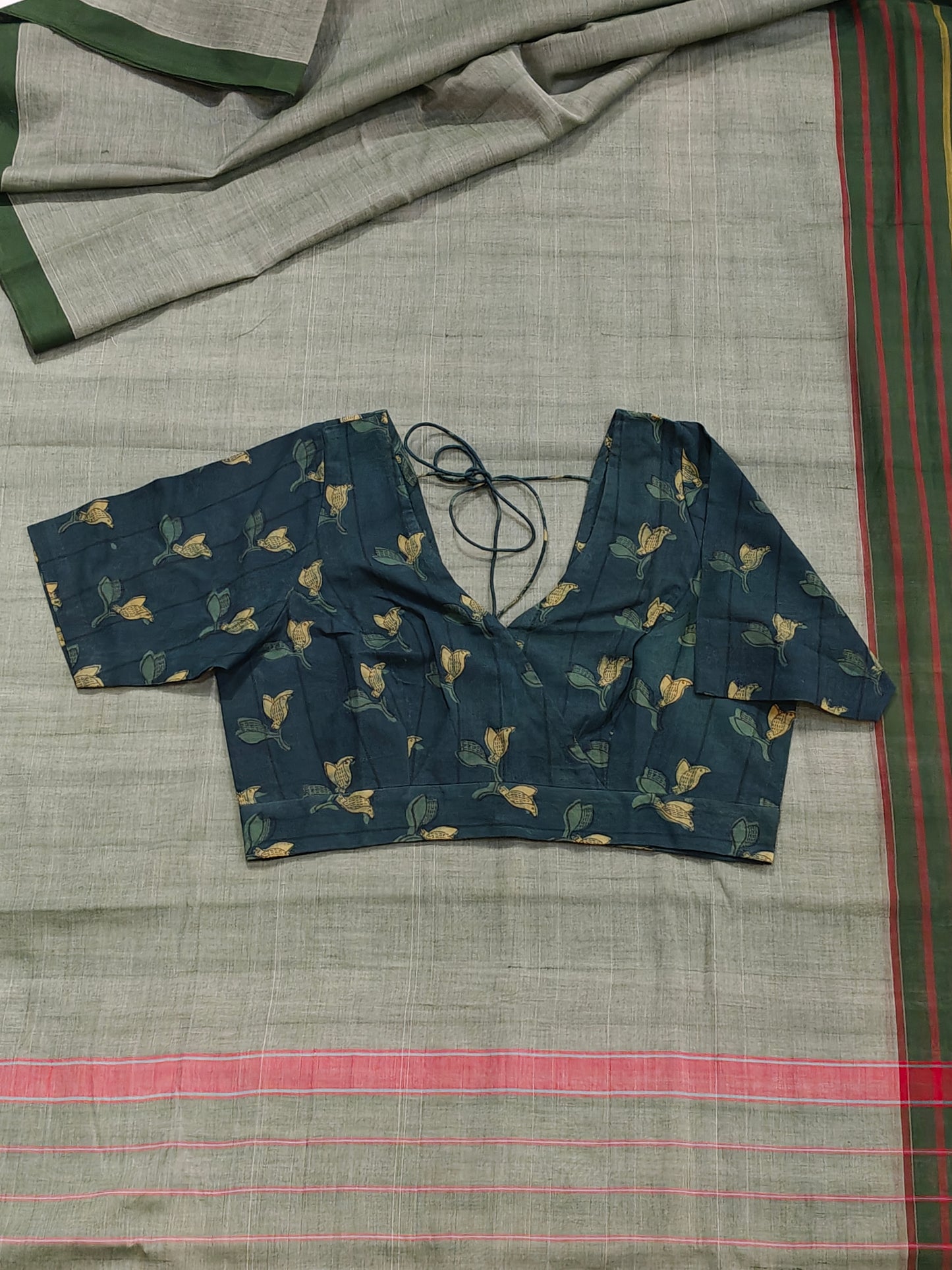 Hand spun , hand woven cotton V-neck blouse with back dori - colour options available