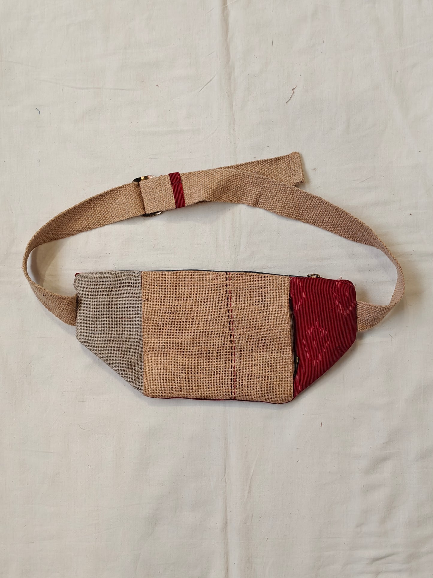 Waist fanny pack with multicolour fabric panels - Handmade jute bag