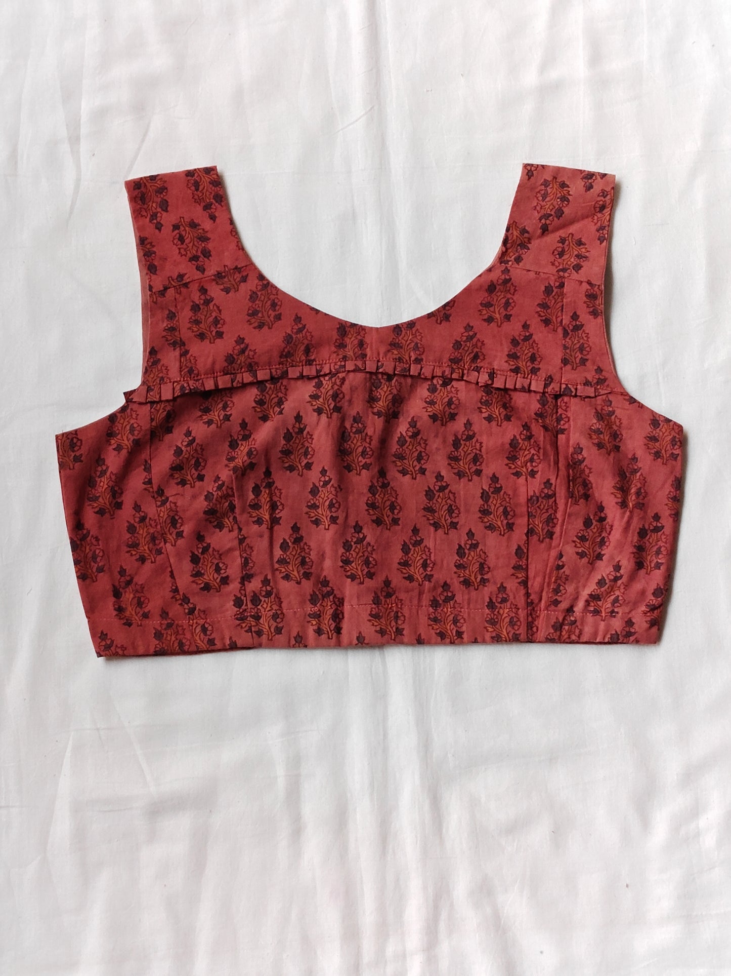 Pink sleeveless floral hand block printed cotton blouse