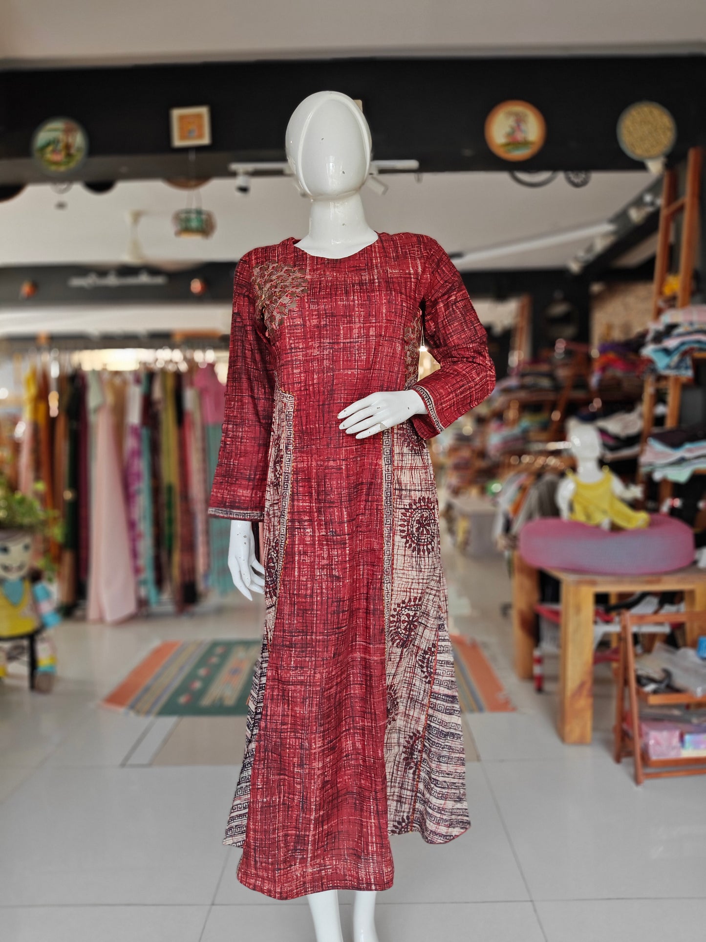 Black n maroon printed and embroidered beads dress