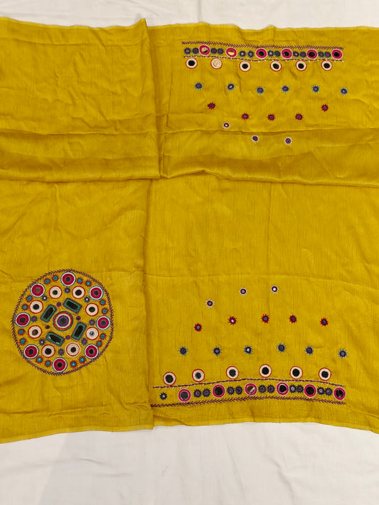 Yellow mirror embroidered silk unstitched blouse piece