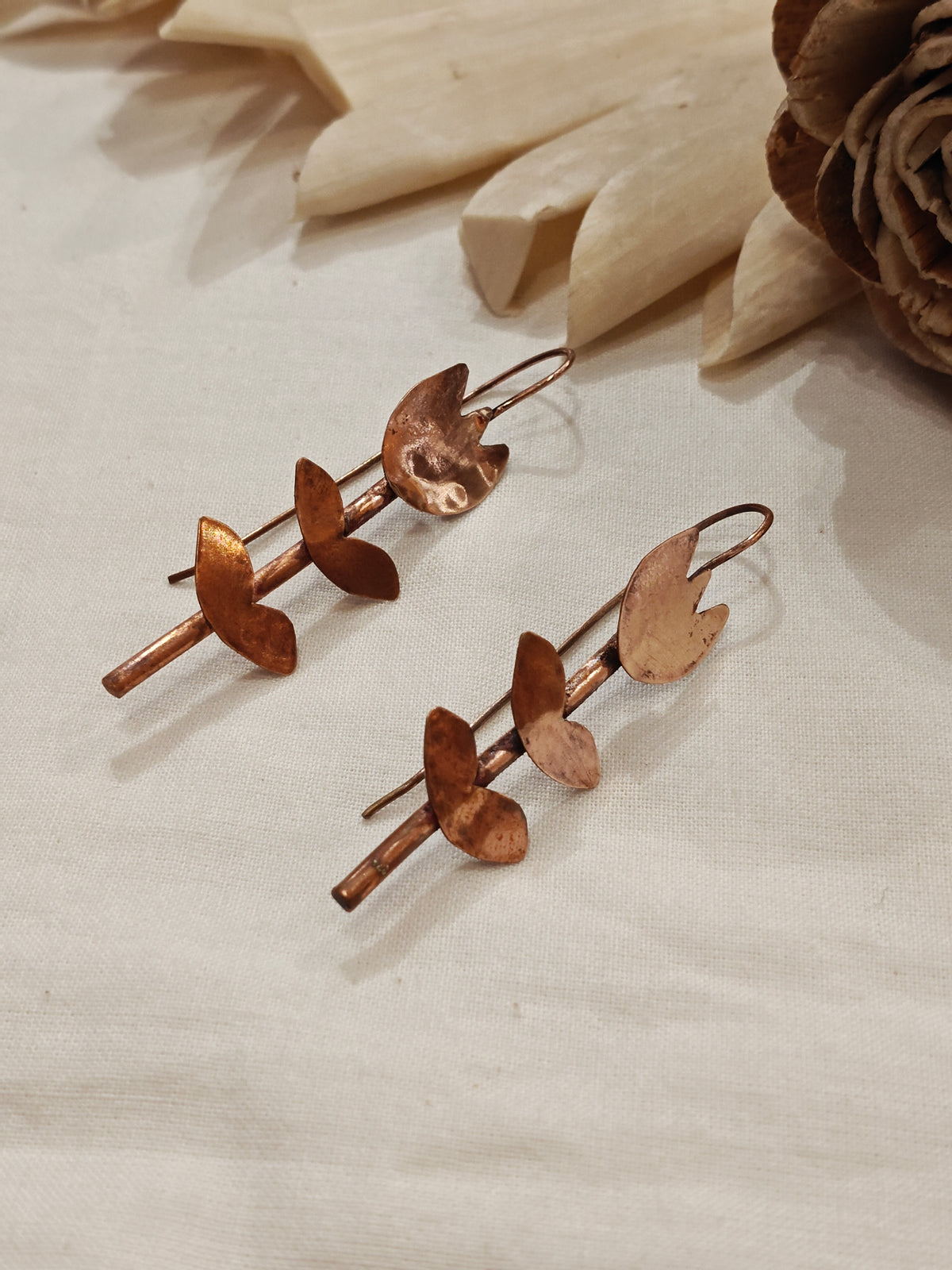 Branched flower design handcrafted copper earrings