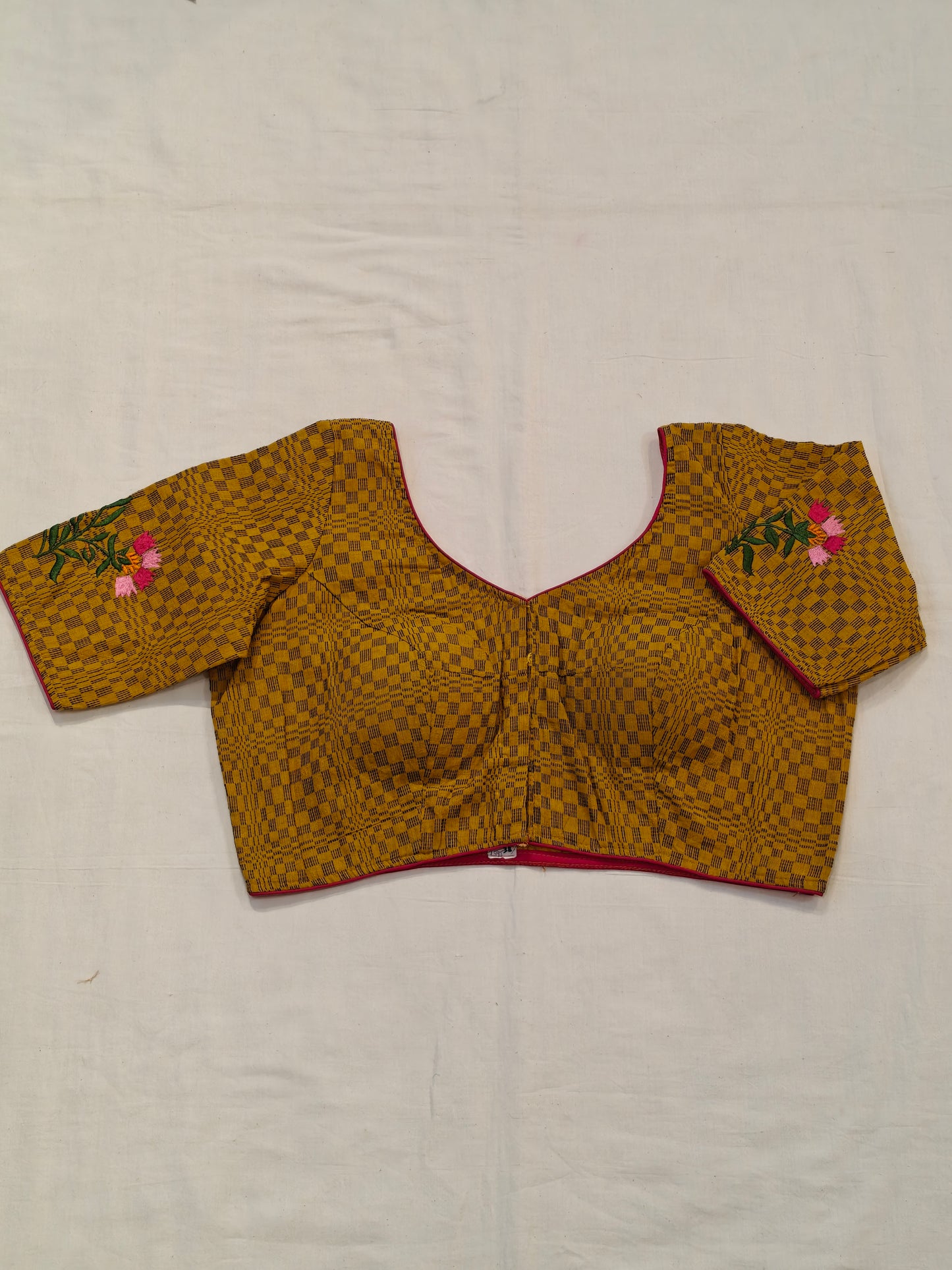 Cotton checkered blouse with floral embroidery, low back - color options available