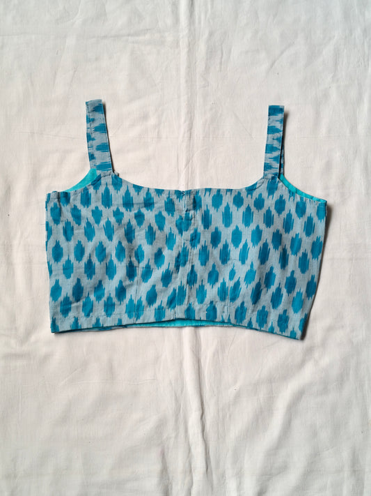 Blue mercerized cotton ikat sleeveless handloom blouse