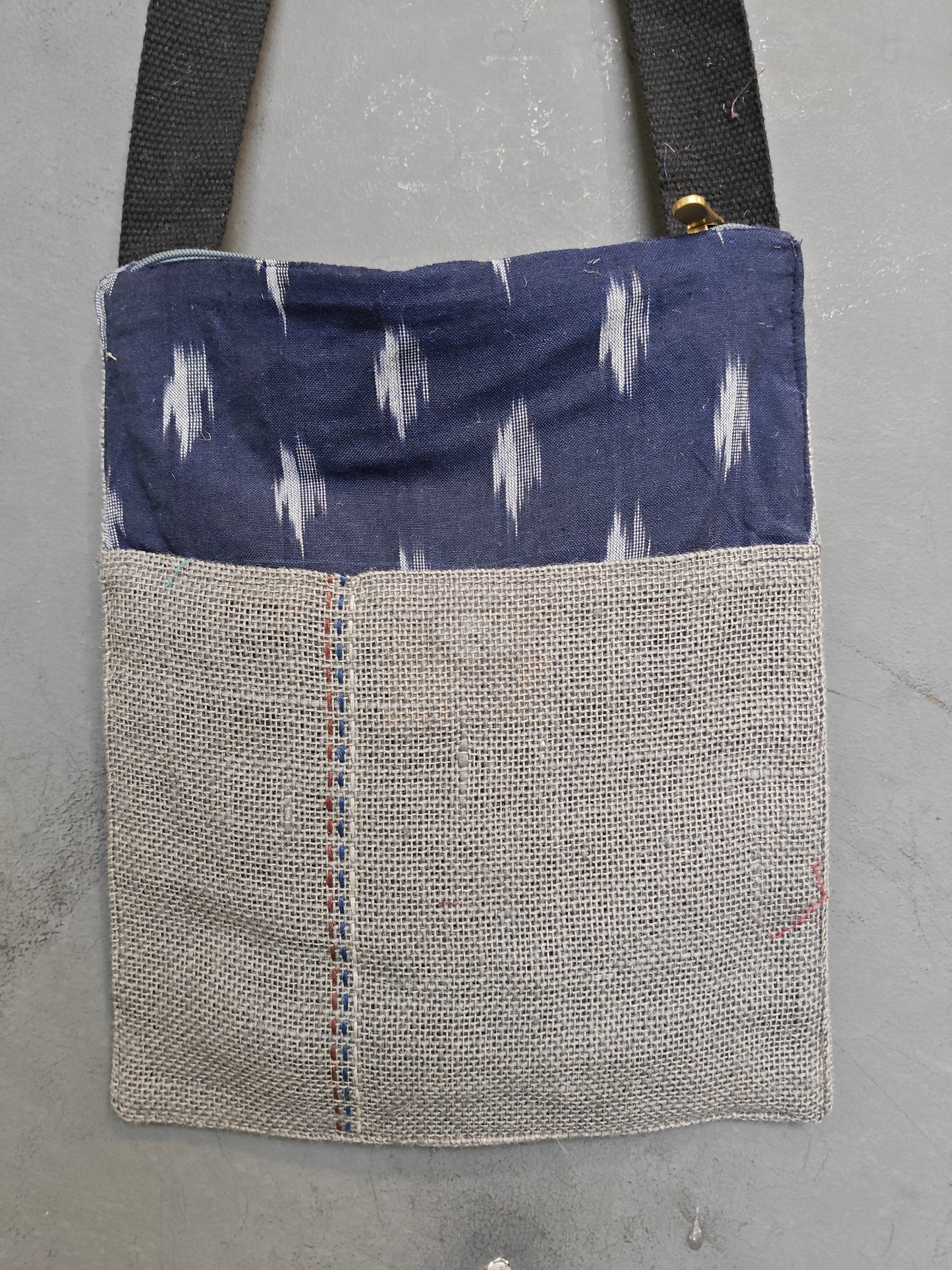 Handmade crossbody sling bag with multicolour fabric panels and jute