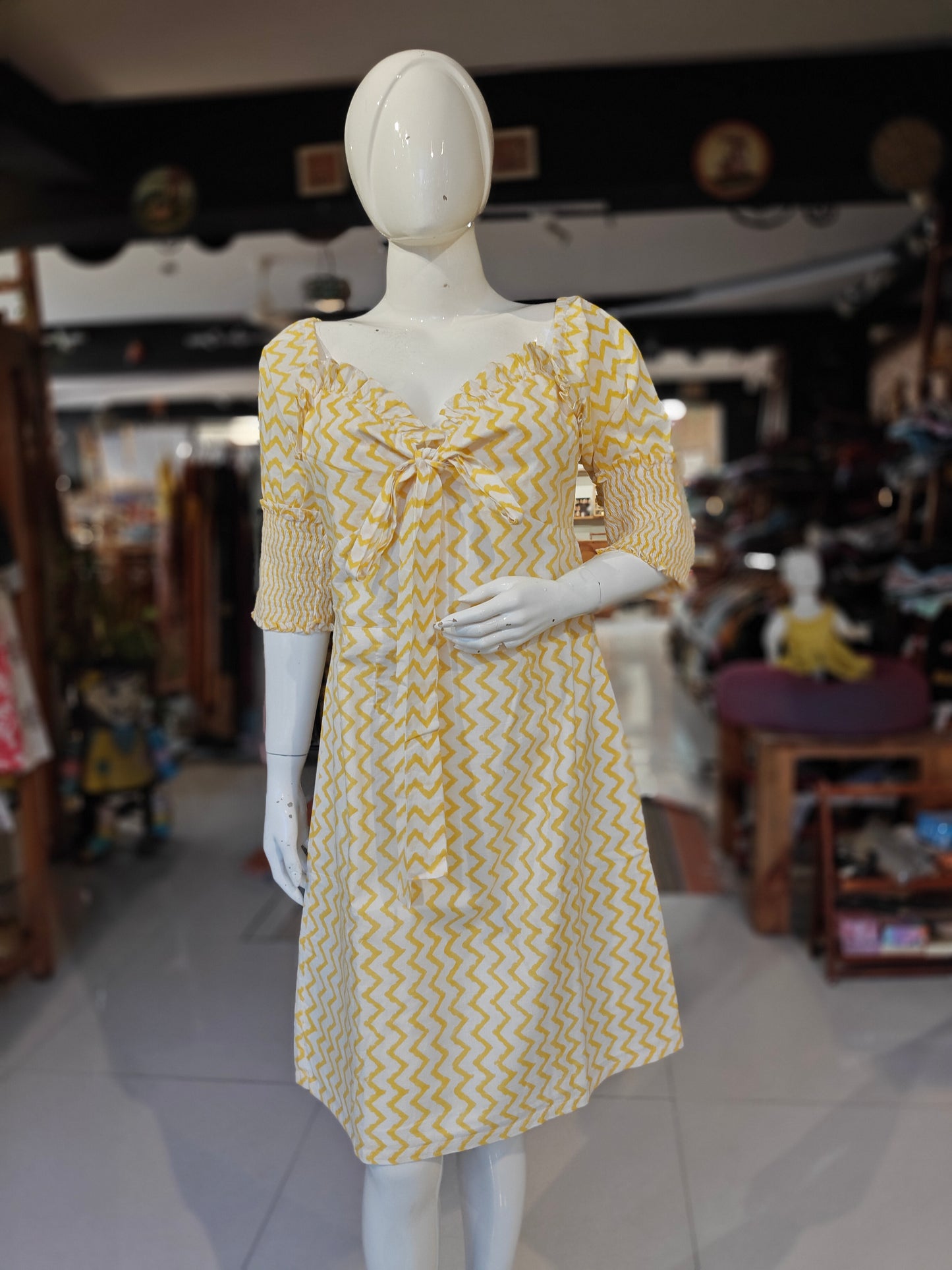 Yellow and white zig zag hand block printed cotton dress - off shoulder
