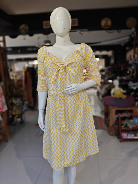 Yellow and white zig zag hand block printed cotton dress - off shoulder