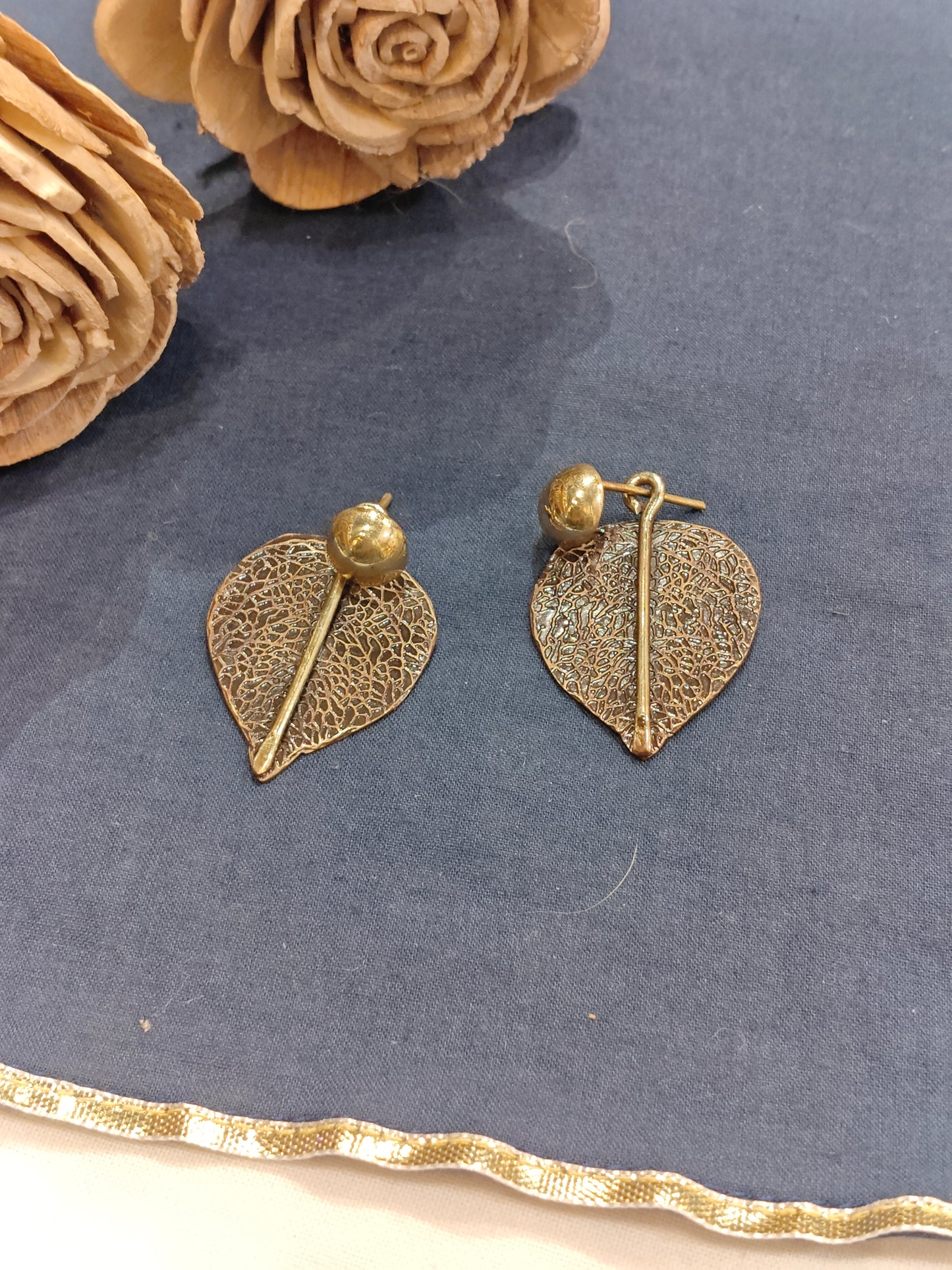 Copper and brass structured leaf design stud earrings - handcrafted