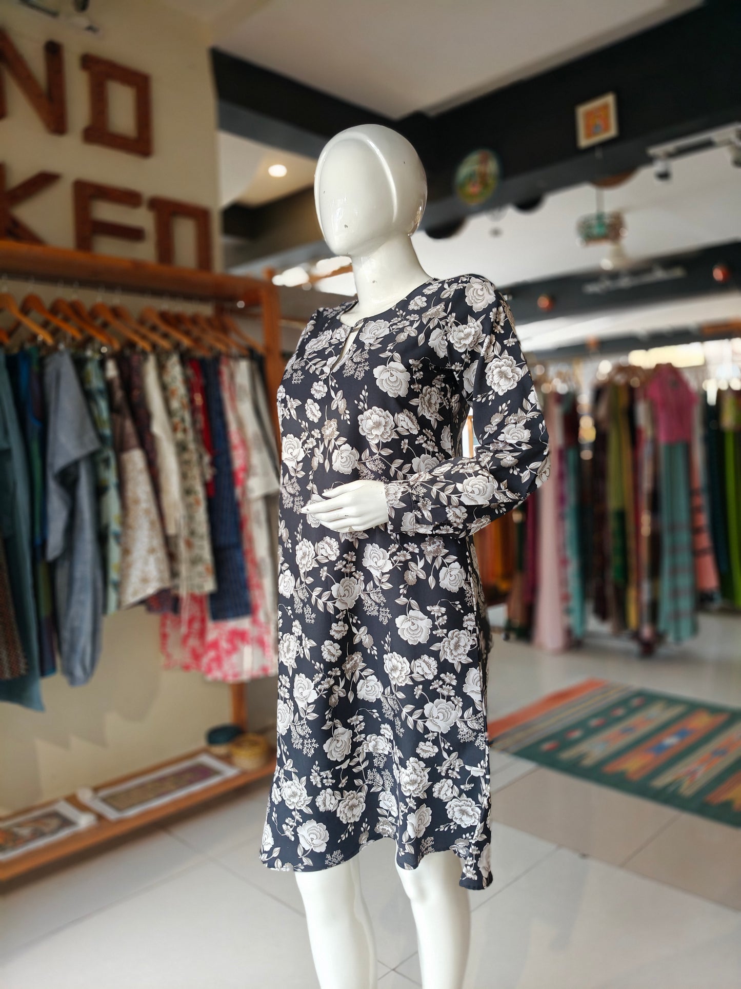 Black and white floral printed georgette dress
