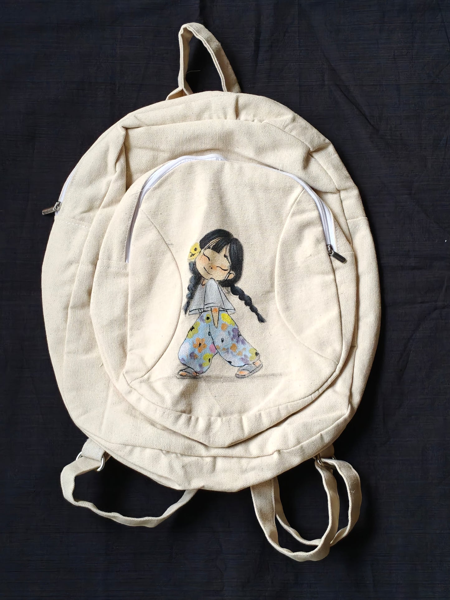 Little girl hand painted Off white canvas backpack with multiple compartments