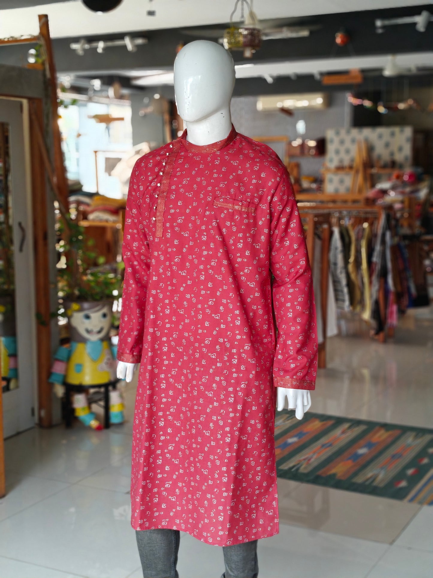 Maroon printed side buttoned cotton full sleeves long kurta for men