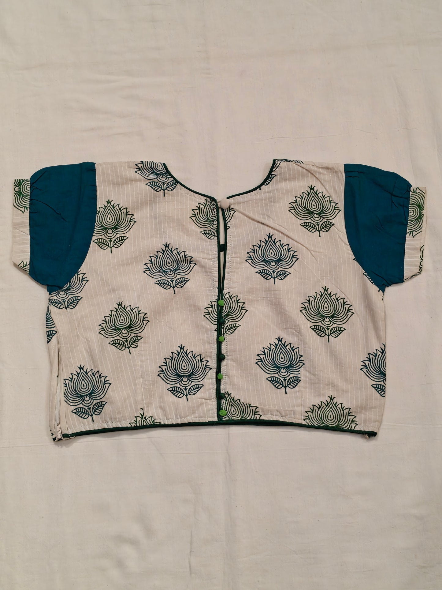 White cotton handblock printed short sleeves blouse with green Lotus prints