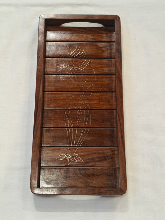 Brass inlay work wooden handcrafted tray - 13 x 6 inches