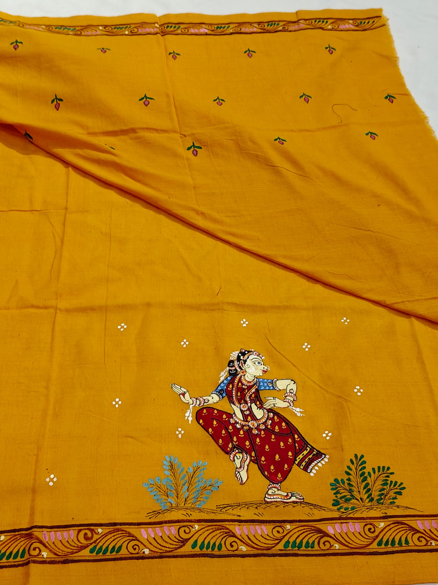 Patachitra hand-painted unstitched blouse piece with back and sleeves design - Handwoven cotton base
