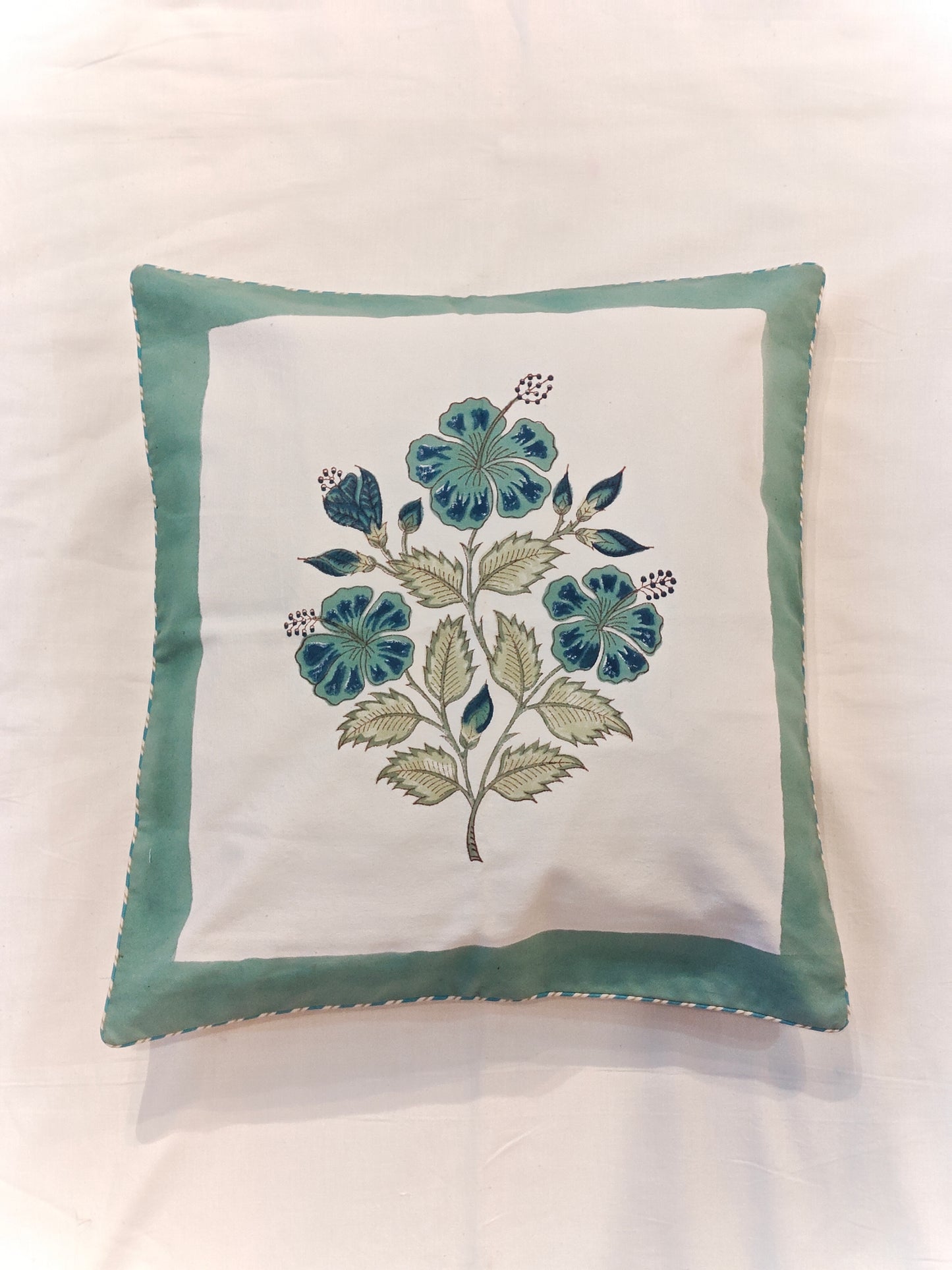 Sea green flowers handblock printed cushion cover