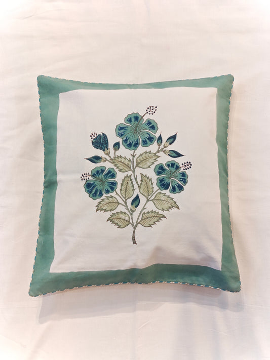 Sea green flowers handblock printed cushion cover
